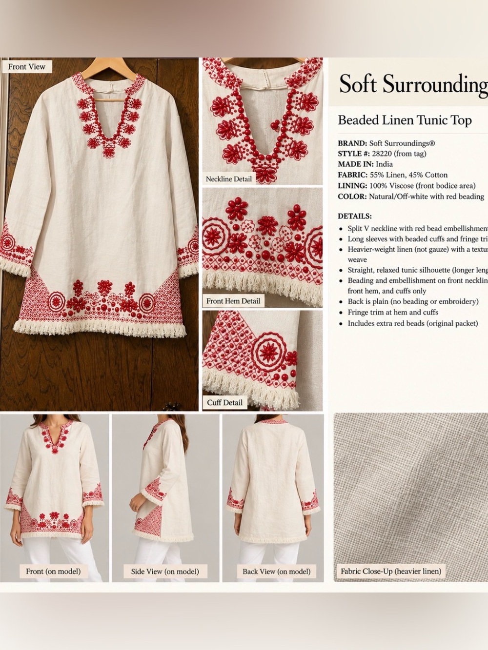 Soft Surroundings White Tunic with Red Embroidery beading size XL
